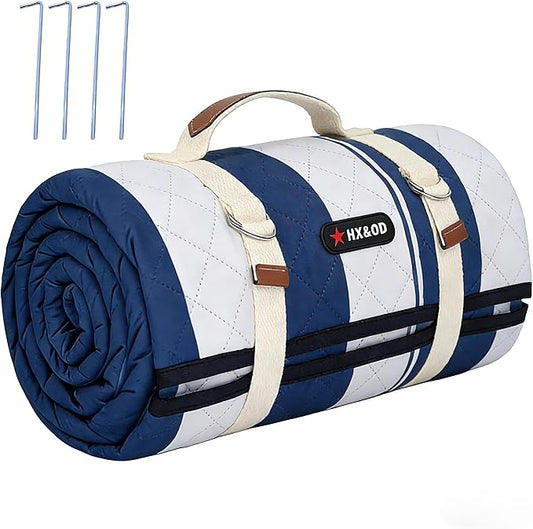 HX&OD Outdoor Picnic Blanket Extra Large, 80''*60'' Waterproof Picnic Mat with Stakes Foldable Camping Blanket Portable with Carry Strap for Beach Mat (Green& White, 80''*60'')