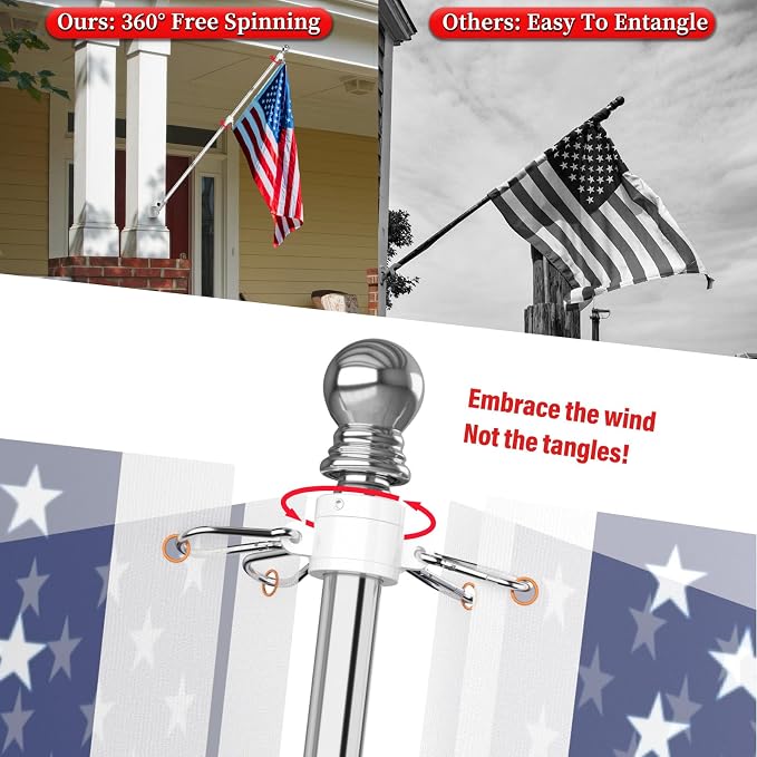 ZMTECH 6FT Flag Pole for Outside House with Solar Light | Tangle Free Stainless Steel USA Flag Pole Kit, 180° Adjustable Holder for Outside House Yard, Silver (No Flag Included)