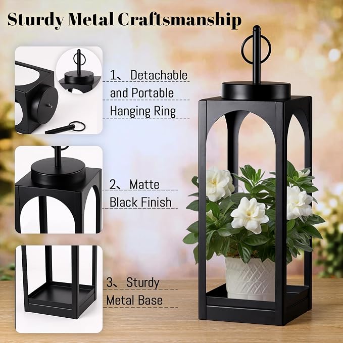 MATAHUM 18" 13" Decorative Lanterns Set of 2, Black Metal Farmhouse Lanterns with Flameless Candles, Outdoor Lantern Decor Indoor Candle Lantern for Fireplace, Porch, Patio, Garden, Wedding