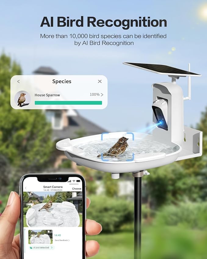 HARYMOR Bird Bath with Camera, Automatic Water Flowing, 2K Bird Camera Captures Bird Activity, Arrival Alerts, Smart AI Identifies Species, Live Video, Solar-Powered, Unheated—Enjoy Watching Birds