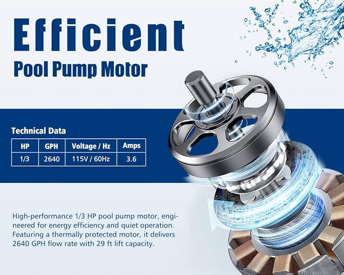 1/3HP Above Ground Swimming Pool Pump 2640GPH, Corded 115V Pool Filter Pump Replacement for Sand Filter Setups, Water Circulation with 1-1/4 and 1-1/2 in Hose Adapters