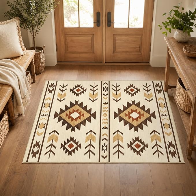 Western Rug 2x3 for Entryway Indoor Mat, Southwestern Aztec Tribal Rugs Southwest Navajo Machine Washable Entrance Rug Non-Slip Printed Low-Pile Entry Floor Carpet Doormat for Bedroom Bathroom, Camel
