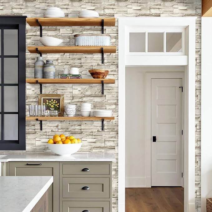 Jeweluck Stone Wallpaper Peel and Stick Brick Wallpaper 17.7”×236.2” Brick Contact Paper Peel and Stick Wall Paper Bathroom Faux Stone Backsplash for Kitchen Removable Decorative for Walls Vinyl
