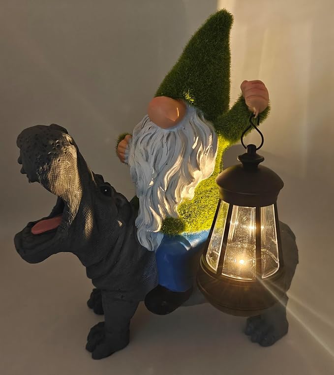 11.8" Gnome Riding Hippo Solar Statue Gnome Solar Statues with Solar Lantern Hippo Garden Decor Patio Balcony Yard Lawn Unique House Warming Gift