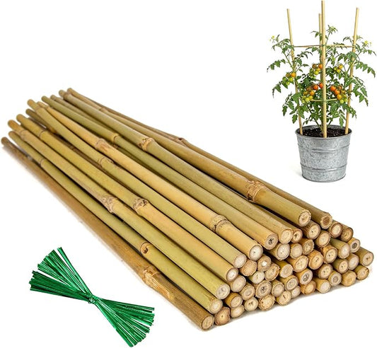 Plant Stakes Natural Bamboo Sticks - 50 Pcs Bamboo Garden Stakes for Plants 18 Inches Plant Support Sticks with Twist Ties for Tomatoes Beans Orchid Flowers Indoor Outdoor Potted Climbing Plants