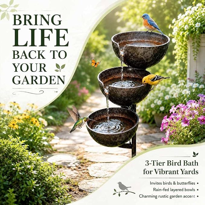 Rain Catcher Bird Bath Tiered - Bring Life Back to Your Garden (Modern) | Self Filling Bird Bath Stake for Hummingbird Butterfly & Bee, Lawn Yard Outdoor Decor, Metal Water Bowl, Watering Station