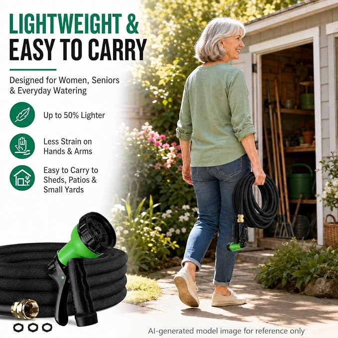 50FT Lightweight Flat Garden Hose for Women & Seniors, Non-Expandable Water Hose with 10-Pattern Spray Nozzle, Easy Storage No-Kink Hose for RV, Patio, Small Backyard, Car Wash & Everyday Watering