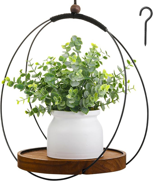 Threehoney 1 Pack Hanging Planters for Indoor Black Plant Hanger with Round Wood Base Large Indoor Hanging Plant Shelf Boho Holder Gift for Mom,housewarming (7.9 '')