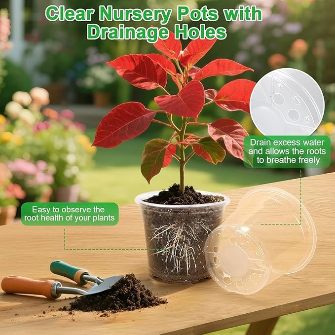 10 Inch Clear Nursery Pots with Drainage Holes, 5 Pack Plastic Pots for Plants, Seedling Starter Pot Variety Pack, Garden Plant Pots for Succulents Flowers Cactus