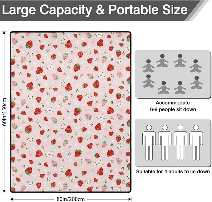 Strawberry Bow Picnic Blankets Waterproof Foldable, 60’‘x80'' Portable Outdoor Picnic Mat Water Resistant for Grass, Padded Lawn & Park Blanket for Camping,Hiking