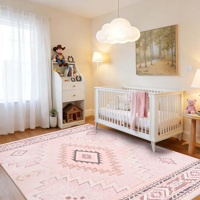 Yinhua Pink Rug for Bedroom, Western 5x7 Rugs for Living Room | Moroccan Washable Area Rug Low-Pile, Soft Aztec Rugs Non-Slip, Non-Shedding Carpet for Dining Table Office Nursery