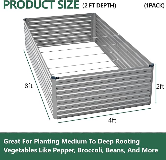 Vengarus 8x4x2FT Galvanized Raised Garden Bed Kit, Deep Root Planter Box Outdoor Large Planter Raised Beds for Planting Flowers,Vegetables and Herbs-Silver
