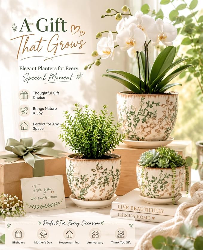 Ceramic Plant Pots, Vintage Succulent Pots, Plant Pots Indoor Set of 4, Planters with Drainage and Attached Saucer, 4.8 Inch Floral Flower Pots for Home Decor, Plant Lover Gifts
