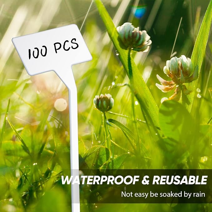Yinkin 100 Pcs Large Plant Label Signs 11.8 Inch Plant Markers Plastic Garden Label Stakes Waterproof T Type Tags Nursery Garden Signs with Marker Pen for Flower Herb Pot(White)