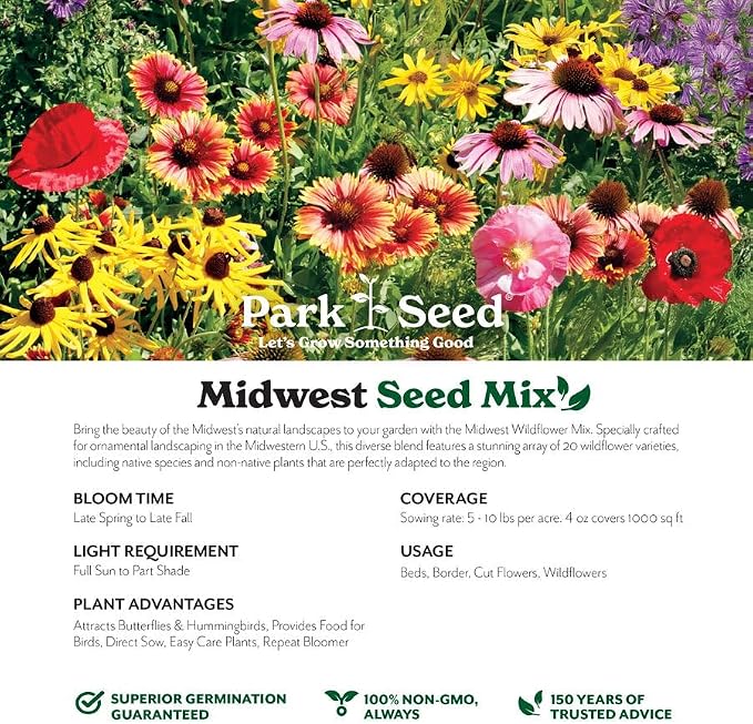 Park Seed Grow Your Own Vibrant Annual and Perennial Wildflower Garden Seeds Mixture, Easy to Grow Varieties for Pollinators and Spring Gardens - Midwest Regional Mix, 50 lbs