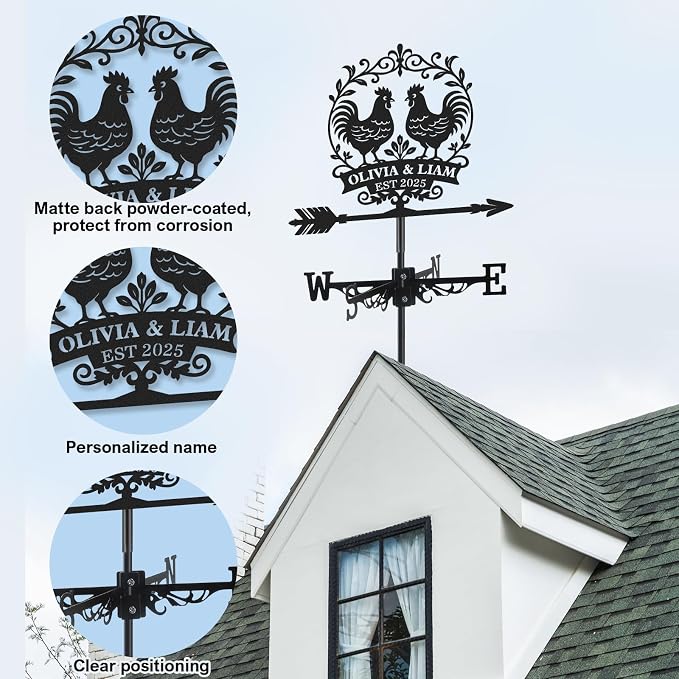Personalized Metal Weather Vane, Custom Name Weathervane, Chicken Coop Signs, Weather Vanes for Outside, Wind Vanes for Farmhouse Yard Shed Decor, Housewarming Gifts Color03