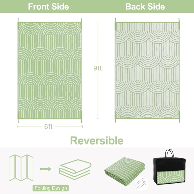 Lahome Deck Rugs Outdoor Waterproof 6x9 Patio Outside Rug, Plastic Straw Reversible Rv Mat,Large Portable Porch Camping Carpet for Balcony Tent (Rainbow Green, 6'x9')
