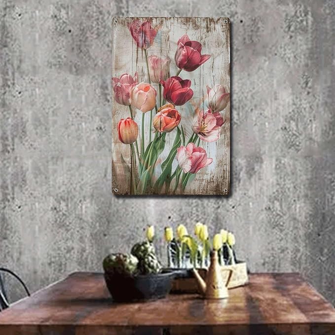 Metal Sign Tin Sign Vintage Wall Art Vintage Tulips Tin Sign for Rustic Wall Art Shabby Chic Interiors and Corrosion Resistant Aluminu Funny Sign for Club 12×16 Inches