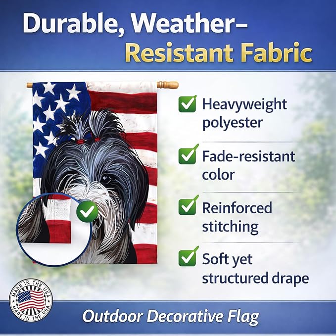 Caroline's Treasures CK6740CHF Tibetan Terrier American Flag House Flag Large Porch Sleeve Pole Decorative Outside Yard Banner Artwork Wall Hanging, Polyester, House Size, Multicolor