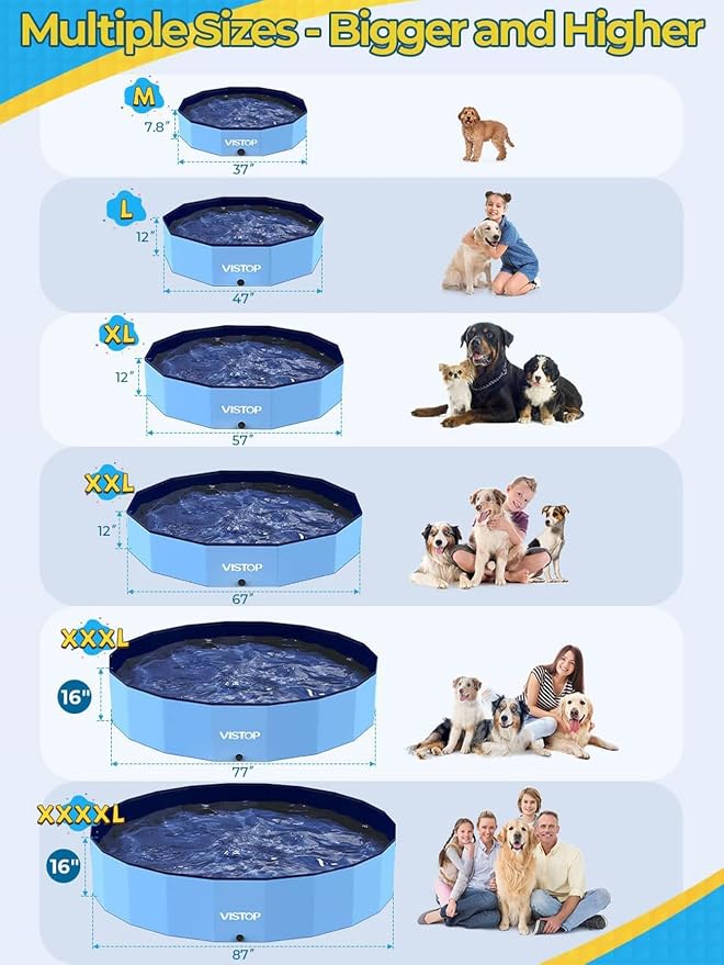 VISTOP Jumbo Foldable Dog Pool, Hard Plastic Shell Portable Swimming Pool for Dogs Cats and Kids Pet Puppy Bathing Tub Collapsible Kiddie Pool (107inch.D x 15.7inch.H, Blue)