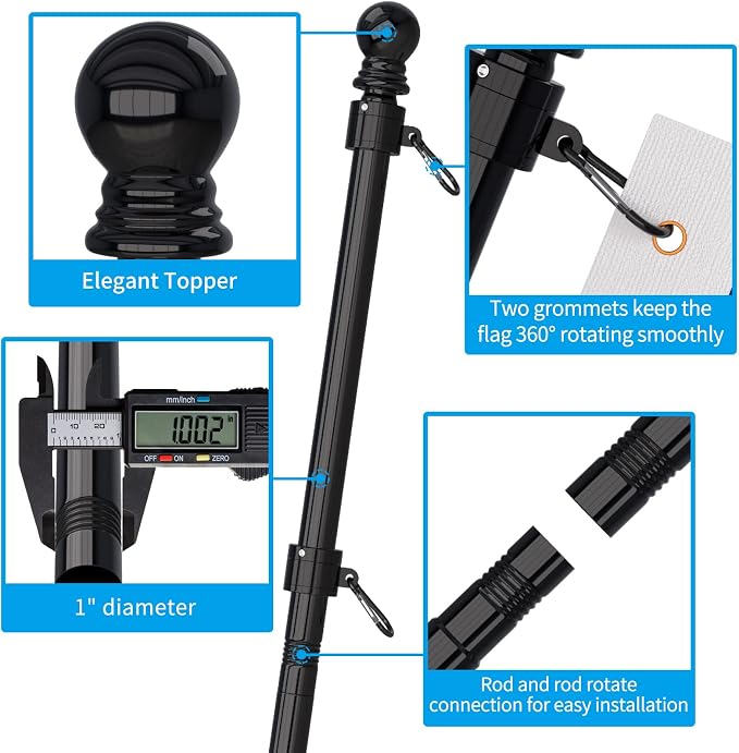 ZMTECH 2 Pcs 6FT American Flag Pole Kit with Solar Light, 180° Adjustable Flag Holder, Tangle Free Stainless Steel Flag Pole for Outside House, Black (No Flag Included)