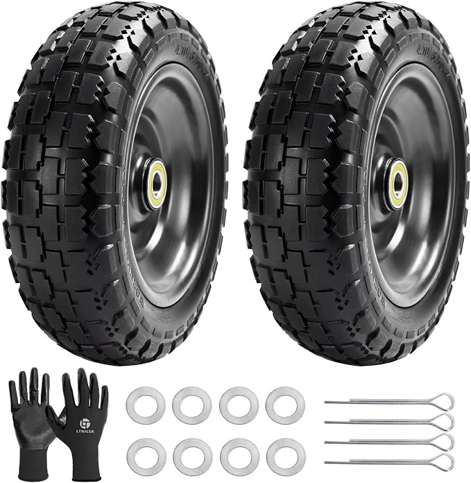 10" Flat Free Replacement Wheels for Gorilla Carts (2-Pack), 4.10/3.50-4 Solid Tires with 5/8" Axle Bore & 2.1" Offset Hub, Heavy Duty No-Flat Wheels for Garden Carts, Hand Trucks & Wagons