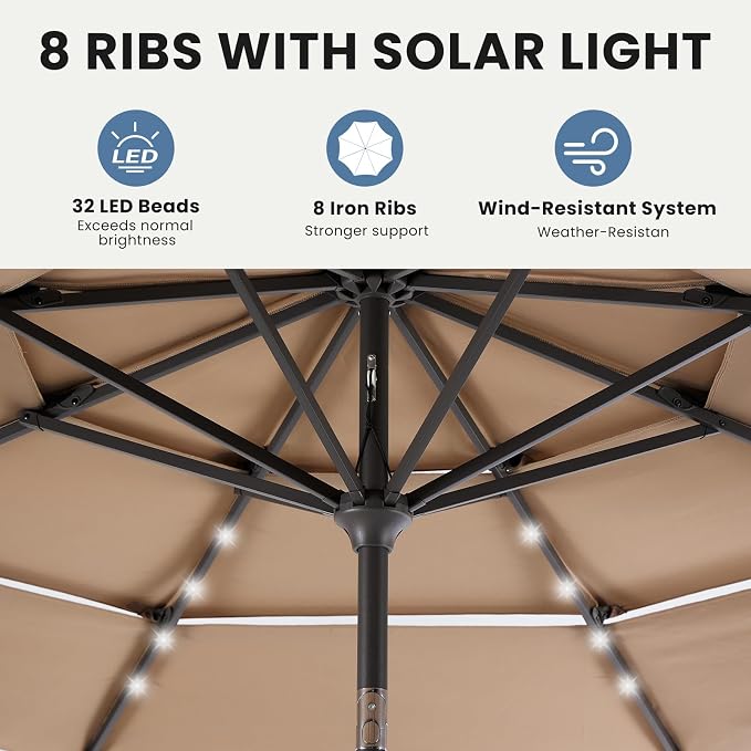 DUMOS Outdoor Solar Patio Umbrella 3 Tiers with 32 LED Lights, Beach Market Table Umbrella with Crank and 8 Sturdy Ribs for Pool, Terrace, Restaurant
