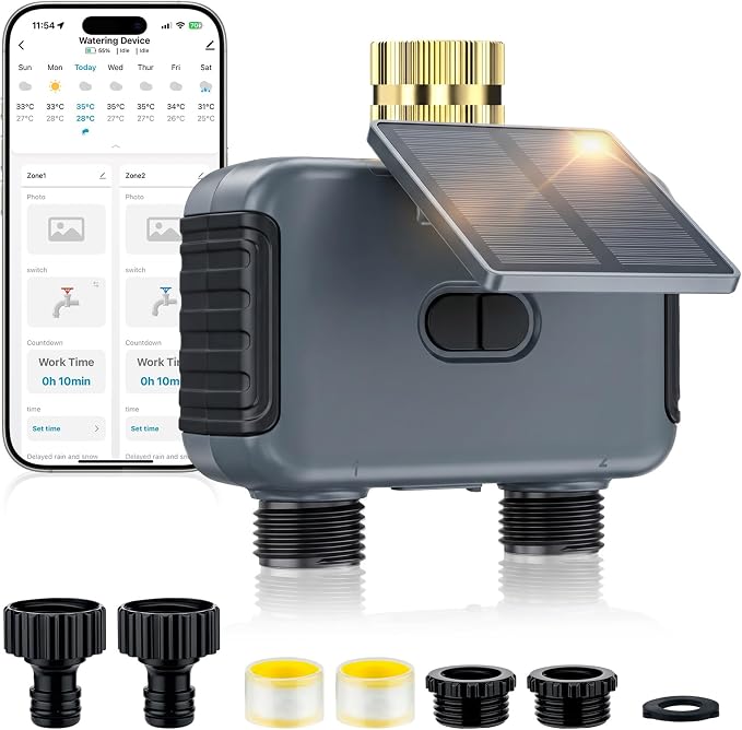 Mcbazel Solar & Type-C Charging WiFi Water Timer for Garden Hose, Smart 2-Zone Sprinkler Controller with App & Voice Control, Programmable Irrigation System with Auto & Manual Modes for Yard