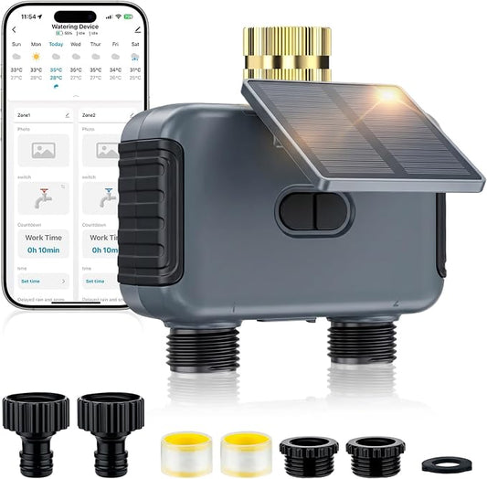 Mcbazel Solar & Type-C Charging WiFi Water Timer for Garden Hose, Smart 2-Zone Sprinkler Controller with App & Voice Control, Programmable Irrigation System with Auto & Manual Modes for Yard