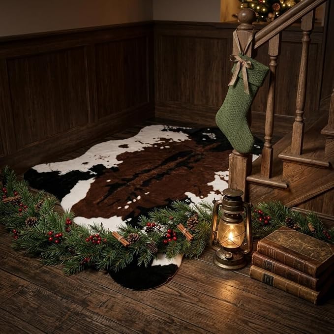 MustMat Brown Faux Cowhide Rug, American Rustic Decor 4'7"x 5'3" | Perfect For Corners & Sofa Front. Complements Western & Vintage Styles, Great for Halloween and Christmas Decor