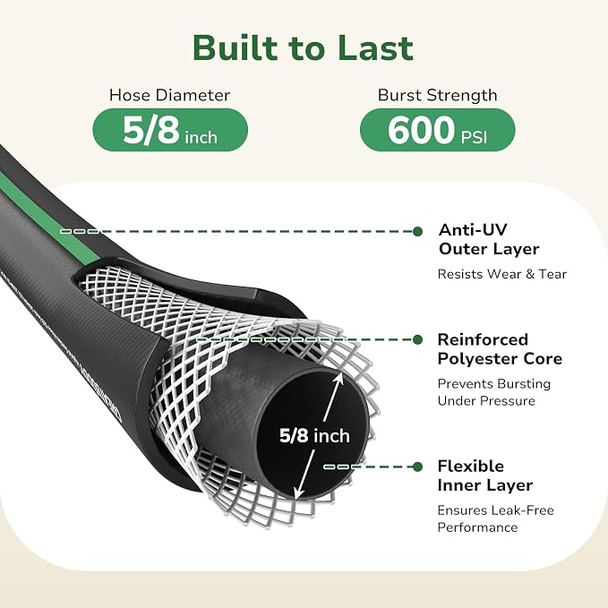 GreatBuddy 100 ft Garden Hose, Flexible Rubber Water Hose 5/8", Heavy Duty, Lightweight Hose, Burst 600 PSI with Solid Brass Male to Female Fittings, Leakproof Hose for Backyard, Garden