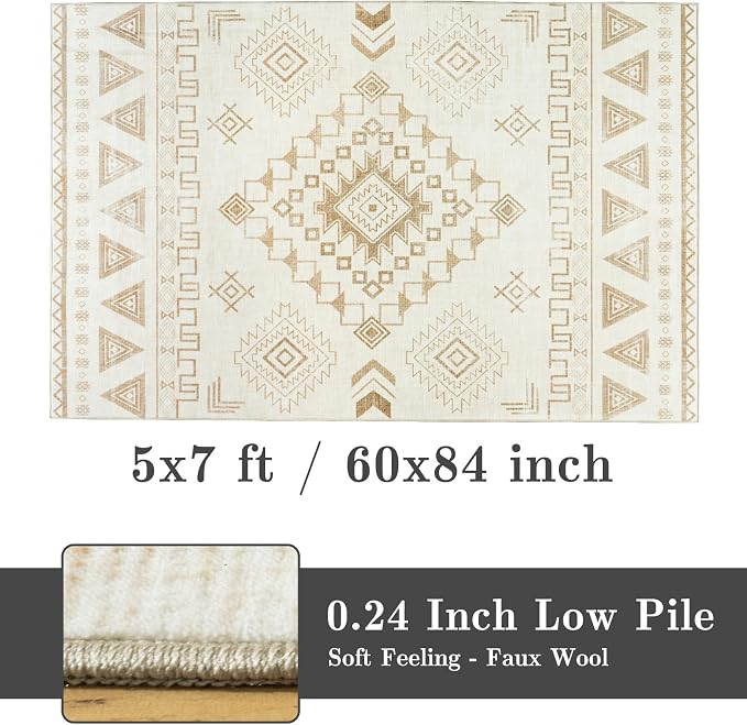 5x7 Western Rustic Aztec Area Rug for Living Room Bedroom Dining Room | 5x7 Southwestern Tribal Warm Beige Low Pile Faux Wool Rug, Machine Washable Non-Slip Carpet for Living Room Dining Bedroom