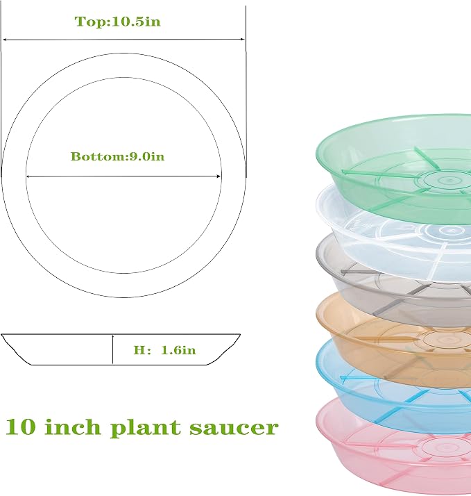 6 Pack Plant Saucer Drip Tray 9 10 inch, Plant Dishes Saucer, Heavy Sturdy Plastic Planter Flower Pot Saucers for Indoor Outdoor Garden, Plant Water Drip Trays for pots (10", Clear)