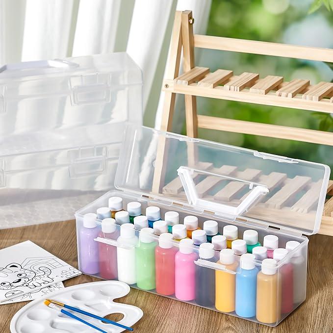 Threehoney 2 Pcs Acrylic Paint Storage Box for 2 Fl. oz Acrylic Paints, Portable Craft Art Organizer with Handle, 30 Bottles Capacity Plastic Art Supply Clear Boxes (White)