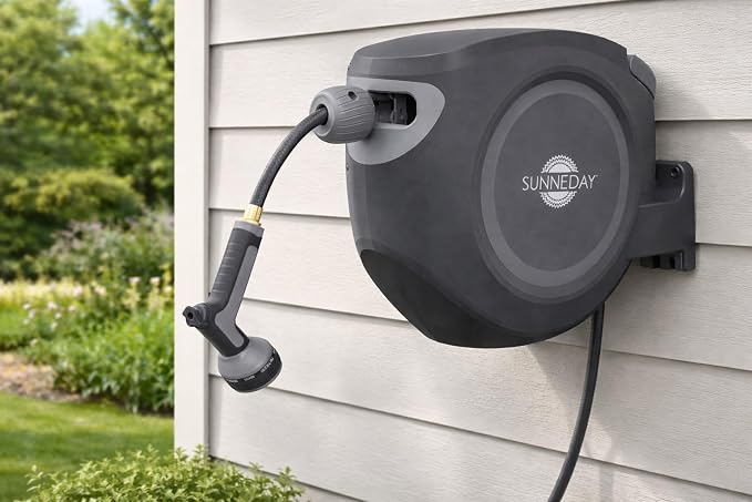 Sunneday SW-30S 100ft Retractable Hose Reel 5/8 | Automatic Retractable w/Wall Mount | Easy to Assemble Reel w/Flexible Swivel Mount (100FT 1/2)