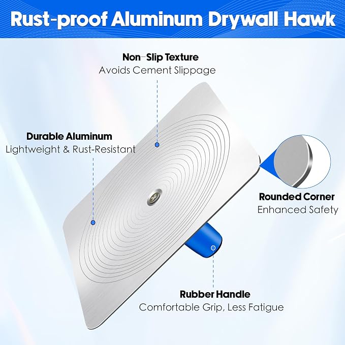 Drywall Hand Tool Kit, 12" Aluminum Plaster Hawk Mortar Board Holder & 12" x 4.7"Stainless Steel Finishing Trowel, Flat Masonry Mud Hawk with Non-Slip & Ergonomics Handle, Stucco Plaster Tool