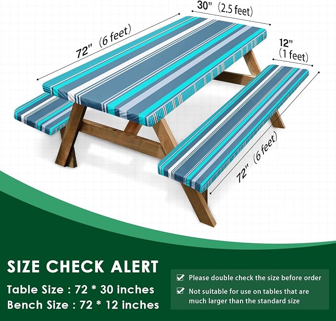Picnic Table Cover with Bench Covers Elastic Edges, Blue Grey Tripes Camper Fitted Table Cover, Outdoor Patio Camping Essentials 72 Inch 3PCS, Waterproof Camping Fitted Tablecloth with Drawstring Bag
