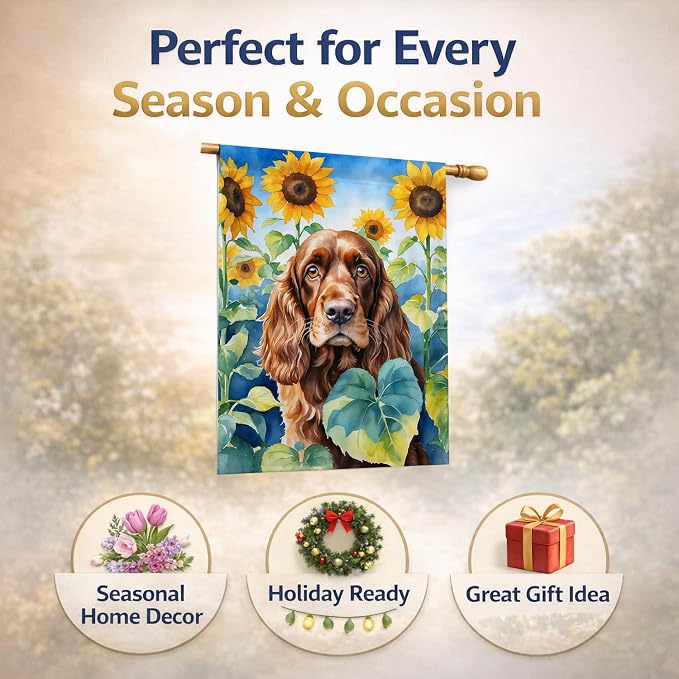 Caroline's Treasures DAC6073CHF English Cocker Spaniel in Sunflowers House Flag Large Porch Sleeve Pole Decorative Outside Yard Banner Artwork Wall Hanging, Polyester, House Size, Multicolor