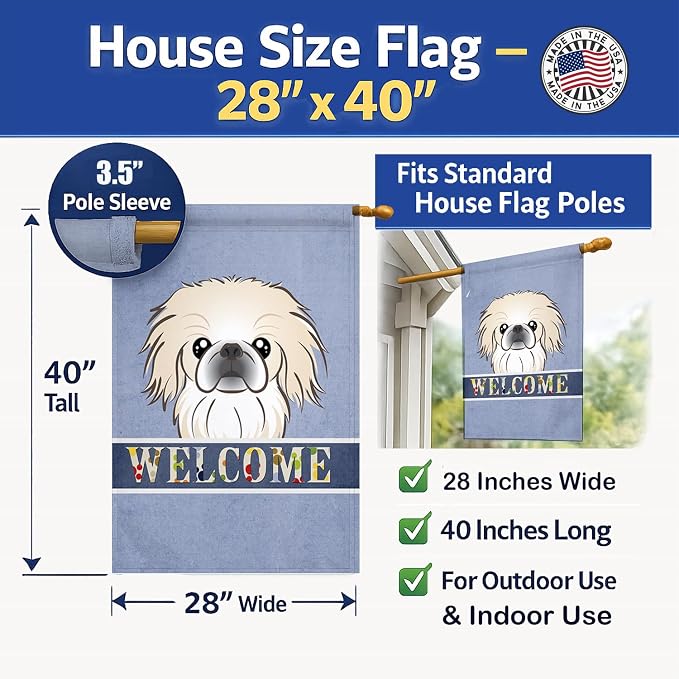 Caroline's Treasures BB1407CHF Pekingese Welcome House Flag, Blue Large Porch Sleeve Pole Decorative Outside Yard Banner Artwork Wall Hanging, Polyester, House Size, Multicolor