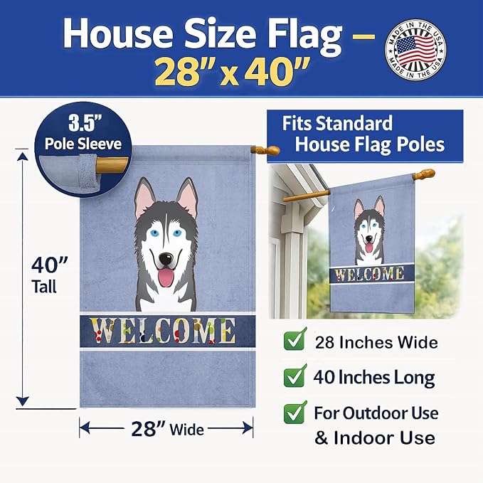 Caroline's Treasures BB1404CHF Alaskan Malamute Welcome House Flag, Blue Large Porch Sleeve Pole Decorative Outside Yard Banner Artwork Wall Hanging, Polyester, House Size, Multicolor