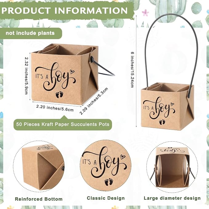 Geetery 101 Pcs Succulent Baby Shower Party Favor 1 Wooden Table Sign 50 Tags and 50 Kraft Succulent Pots for Guest Baby Shower Favors Gifts(Boy)