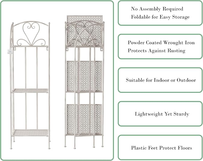 Plant Stand 3-Tier Vertical Shelf Indoor or Outdoor Folding Wrought Iron Home Garden Display with Laser Cut Shelves by Pure Garden (Antique White)