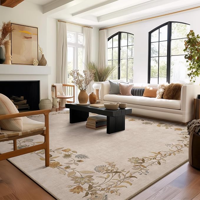 8x10 Area Rugs for Living Room: Washable Bedroom Rug Stain Resistant Non Slip Low Pile Ultra Soft Faux Wool Lightweight Large Rugs for Dining Room Kitchen Farmhouse Entryway Home Office Indoor