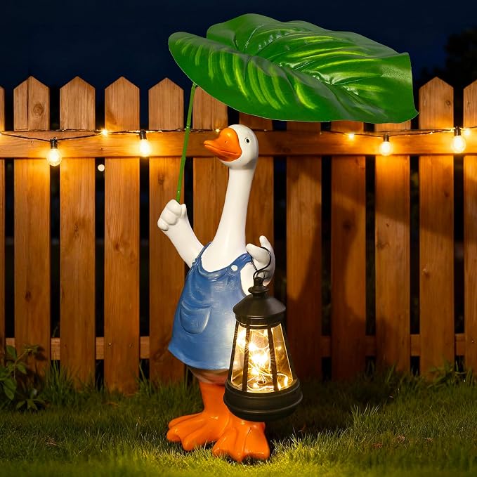 Goose Garden Statues Porch Goose Statue Holding Leaf with Solar Lantern Front Porch Yard Lawn Summer Outdoor Decorations Duck Unique Christmas Birthday Gifts for Mom Women