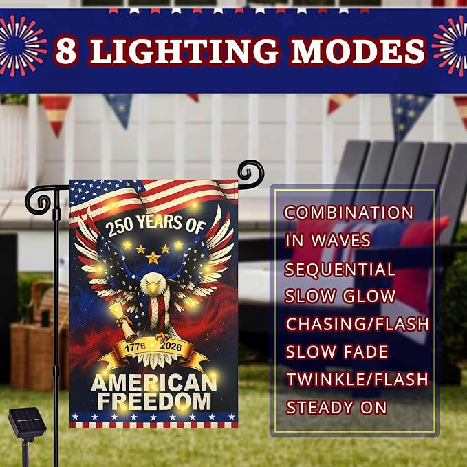Lighted 250th Anniversary USA Garden Flag for Outside, Solar Led Double-sided Patriotic Banner with 1776-2026 250 Years of American Freedom Design for Independence Day, July 4th Decor (LED USA Eagle, 28 x 40 Inch)