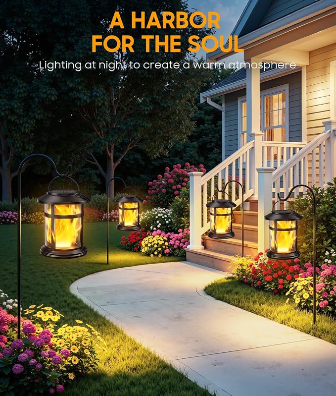 Solar Lanterns Outdoor Waterproof, 2 Pack Upgraded Flickering Flame Hanging Solar Lights for Outside Decorative, Solar Powered Lanterns Lighting for Garden Patio Table Porch Decor Gifts