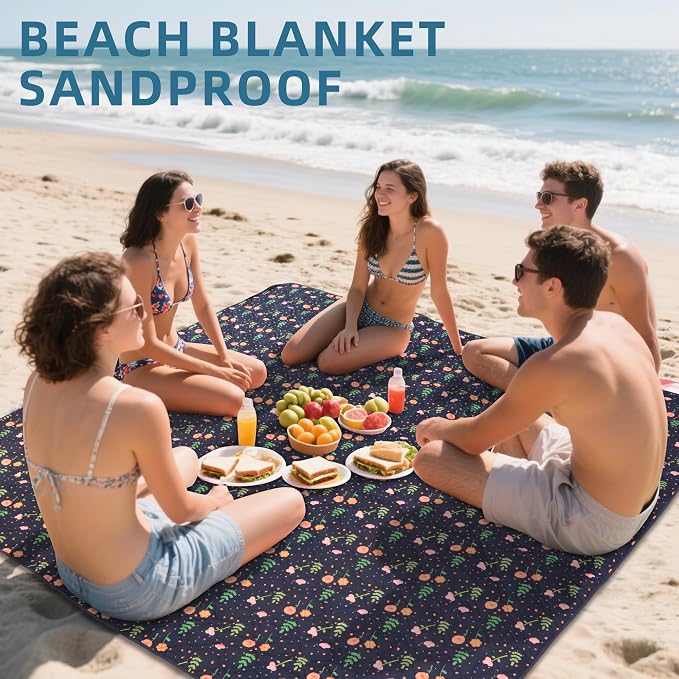 60x80” Double Thickened Picnic Blankets(150g High Density Cotton Stuffed) Navy Blue Floral Pattern Outdoor Picnic Mat Portable Picnic Blanket Foldable with Leather Carry Strap Beach Blanket