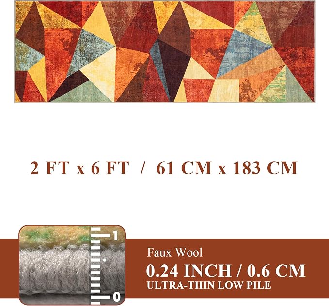 Brown Runner Rug 2x6 for Hallway,Geometric Burnt Orange Area Rug Non Slip,Farmhouse Rugs Washable,Vintage Burgundy Carpets, Boho Rug for Kitchen