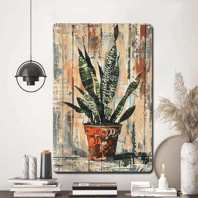 Metal Sign Tin Sign Vintage Wall Art Vintage Snake Plant Tin Sign for Shabby Chic Elements Distressed Wood Art and Robust Plant Di Boho Bedroom Decorations for Bar 12×16 Inches