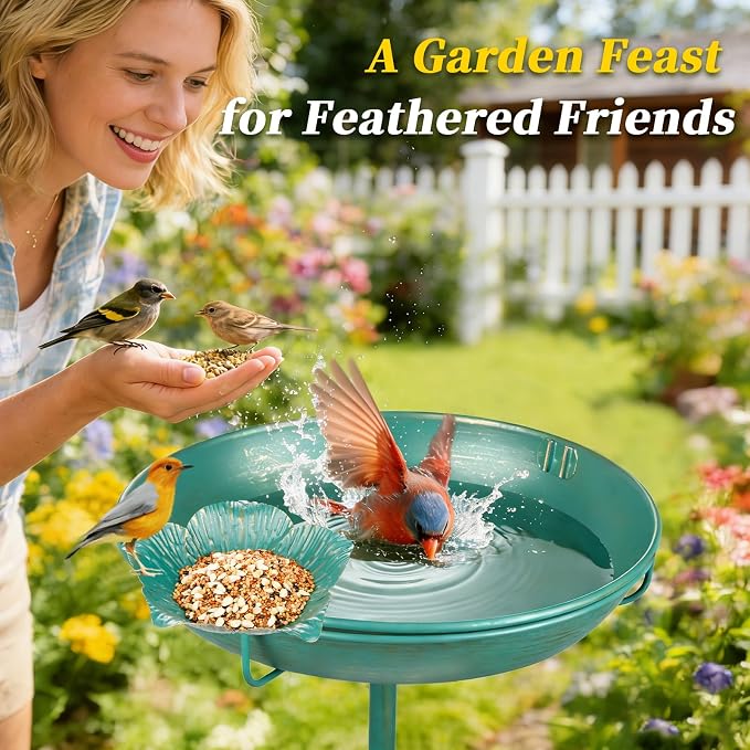 Mellbree Metal Bird Bath for Outside, 10" Dia 39" H Lake Blue with Gold Gilding, Freestanding with Perch & Feeder Bowl, Multi-Functional for Garden Patio Yard Lawn Outdoor Decor
